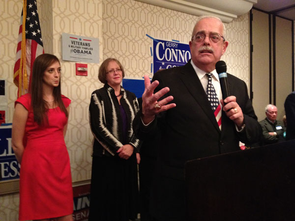 As his daughter Caitlin and wife Catherine look on, Congressman Gerry Connolly delivers his acceptance speech to a packed ballroom at the Sheraton Premiere in Tyson's Corner. (Submitted)