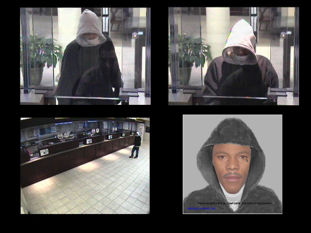 Images captured from a security camera inside the bank, and a composite sketch of the suspect. [Prince William police]