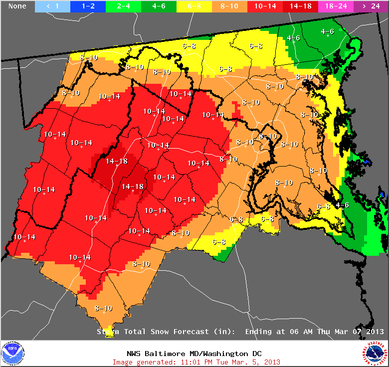 Forecast snow totals 11 p.m. Tuesday. [National Weather Service]