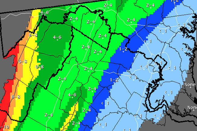 The snowfall forecast for Northern Virginia for Sunday night into Monday, March 25, 2013. [Image: National Weather Service]