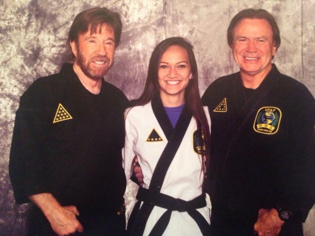 Byrne (center) met with Chuck Norris at his karate championship in Vegas.